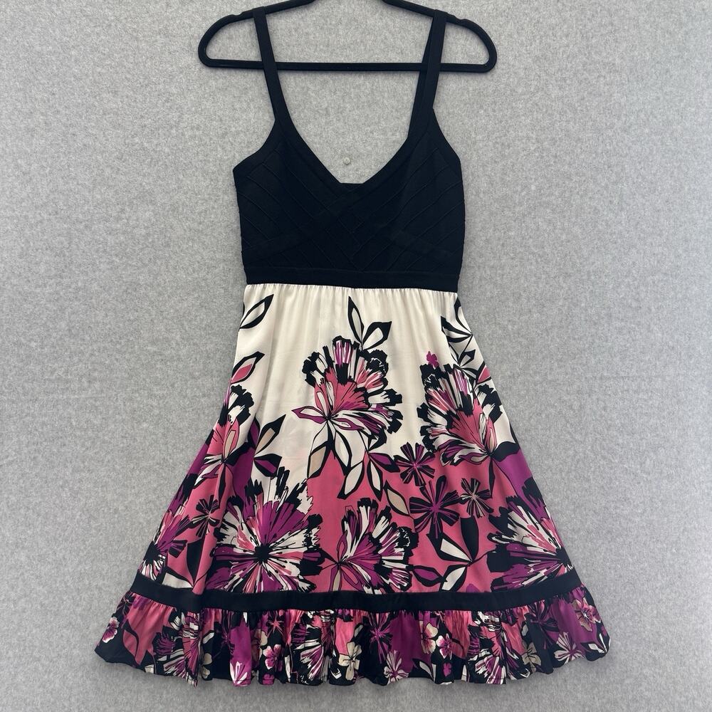 VTG Bebe Silk Y2K Floral Fit & Flare Dress Sz L Black Pink Party Ruffle Hem